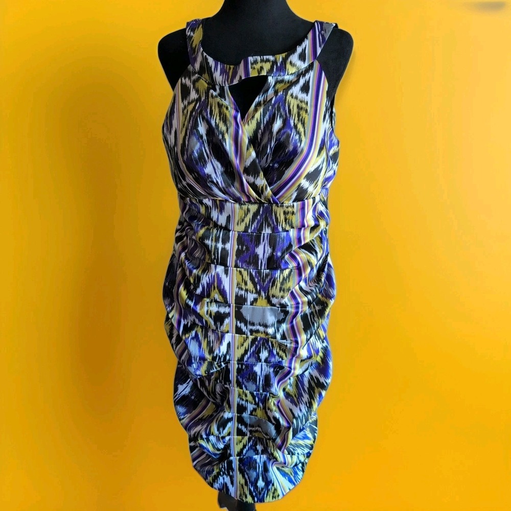 Sangria Bodycon Ruched‎ Stretch Dress Built in Soft Bra Purple Chartreuse 16 EUC